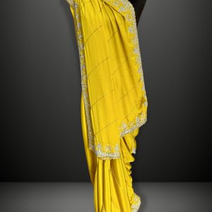 yellow saree crepe silk handwork zarkan border designer wedding party wear, comes with pre stitched blouse