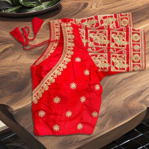 saree blouse red with golden embroidery in art silk designer