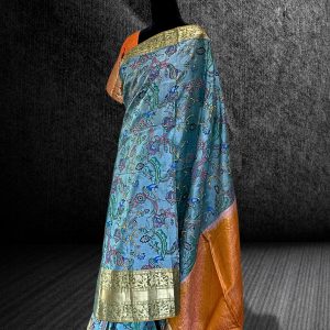 kalamkari Kanchipuram handpainted silk mark certified saree in still blue body and orange gold handweaved anchal