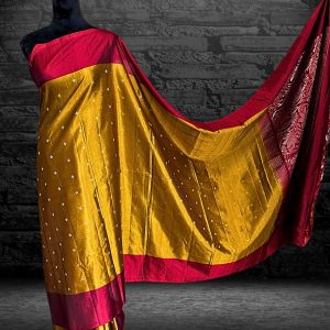 gorgeous mustard golden kanchipuram soft silk saree with red border