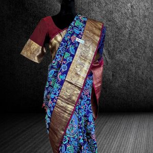 Kalamkari handpainted Kanchipuram silk saree with blue body and maroon golden weaved anchal