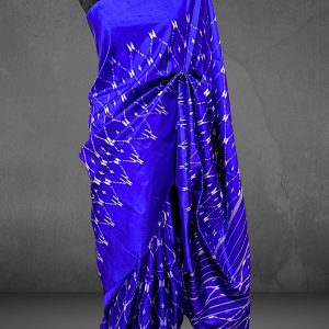 blue pochampally ikat silk saree with white motifs on the body