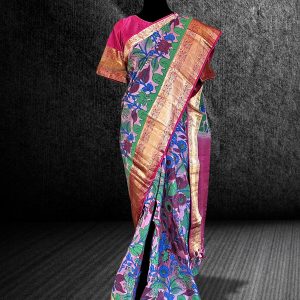 Kanchipuram silk saree with handpainted Kalamkari in pink body