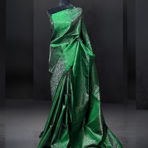 exclusive handweaved green Kanchipuram silk saree with self weaved silver jari motifs all obver the body