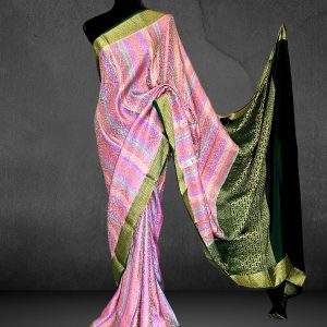 rangkat mysore silk saree in pink green body and green golden weaved anchal