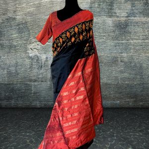 black pochampally patola silk saree with red border and anchal