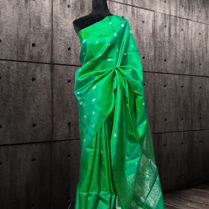 parrot green Kanchipuram silk saree with silver motifs on body and anchal