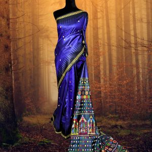 Gopalpur blue Tussar silk saree with exclusive extra weft pallu work and black temple border