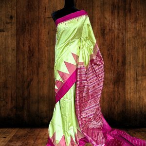 Sambalpuri silk saree in mint green body and pink border with modern weaved anchal