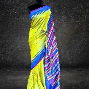 yellow Odisha tussar silk saree with blue pallu dual shaded body and extra weft work Handweaved by Gopalpur cluster