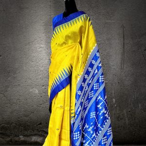 Gopalpur tussar silk saree in yellow with a blue hue extra weft work unique designer exclusive weaved anchal