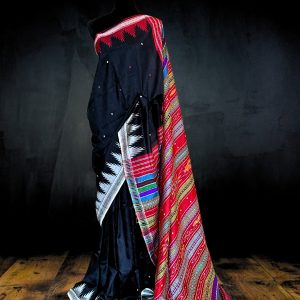 berhumpuri double pallu black odisha silk saree with ganga jamuna border and multicolored anchal