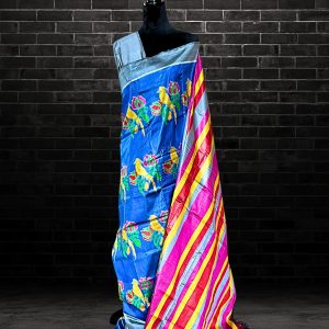 designer blue Odisha silk saree in 4ply weave from award winning Nuapatna master weaver with parrot motifs