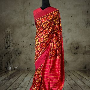master weaver crafted unique nuapatna Odisha silk saree with patola motifs multicolored body with red anchal