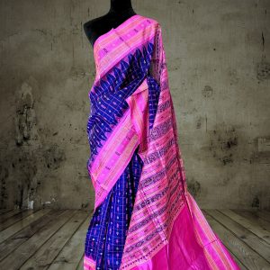 Sambalpuri tussar silk hazarbuti saree in blue body and pink anchal