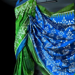 designer saree master weaver crafted unique ikkat Nuapatna saree in blue body and green anchal