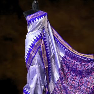 silver khandua silk saree with blue pallu a traditional temple border weaving from Odisha