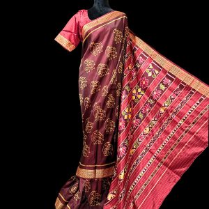 Brown Sambalpuri saree with elephant motifs and multicolored anchal