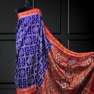 satakothi khandua silk in blue body and red anchal