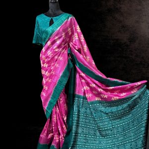 pink Gopalpur tussar silk saree with Ikkat work on body and weaved green pallu with traditional designs