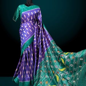 exclusive Gopalpur tussar silk saree with bluish purple Ikkat body and extra weft green pallu