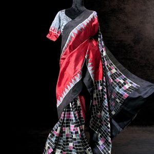 Red and black Nuapatna mulberry silk saree with unique checkered pallu and body master weaver creation