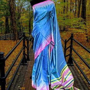 Steel Blue Odisha tussar silk saree light weight with stitched blouse unique anchal