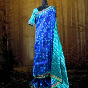 Blue Odisha silk saree unique dongria motif weaved pallu and border with ikkat work on body