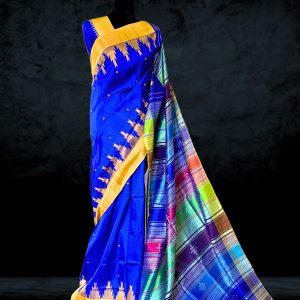 berhampuri double pallu silk saree blue body with yellow temple border