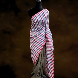 gray Tussar linen silk saree with unique striped double pallu crafted by weavers of Odisha