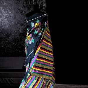 Black Odisha silk saree with multi colored anchal and floral Ikkat body exclusive award winning 4 ply weave by Arjun Pal