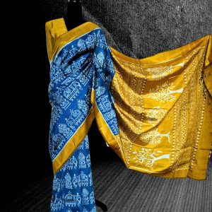 Exclusive Blue Odisha silk saree with incredible details handweaved Ikkat in yellow pallu and elephant motifs