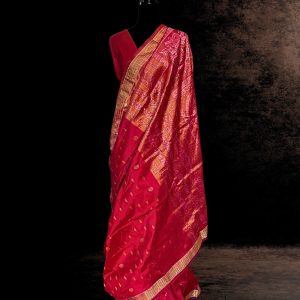 Red Sambalpuri silk saree with tissue anchal and gold rudrakhya border handweaved by weavers of Odisha